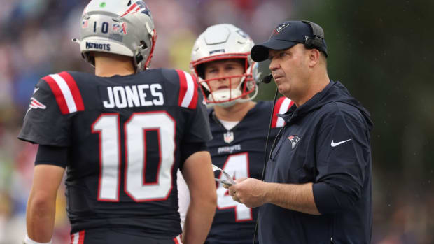 New England Patriots Mac Jones (10), Bailey Zappe (4) and Bill O'Brien